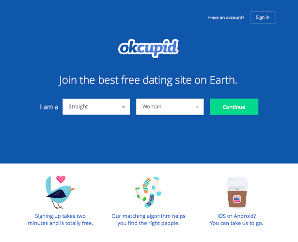 OkCupid crypto dating app sign up page